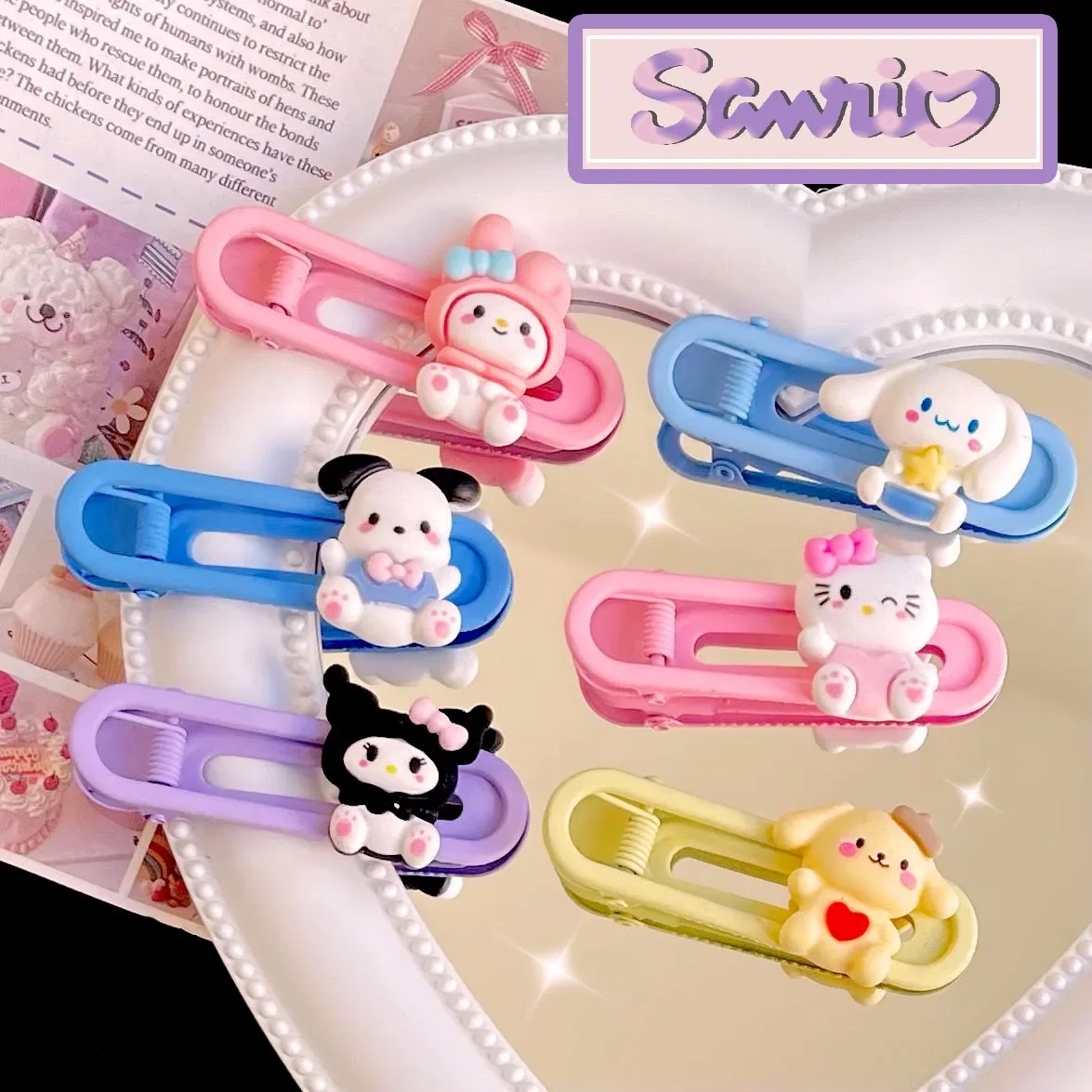 Sanrio HelloKitty Hairpin Cartoon Mymelody Kuromi PompomPurin Oval Banger Sweet Hair Clip Headwear Daily Decorations for Girls