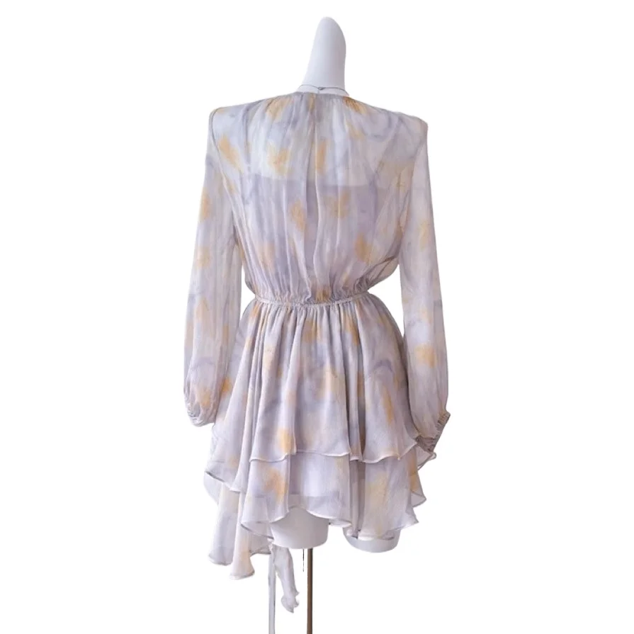 Lace-up chiffion com decote em v vestido feminino verão streetwear roupas elegantes senhora manga longa em camadas babados vestidos bodycon