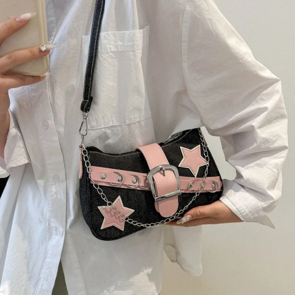 Casual Handbag Y2k Underarm Bag Tote Bag Star Pattern Korean Style Shoulder Bag Chain Denim Tote Bag Girls