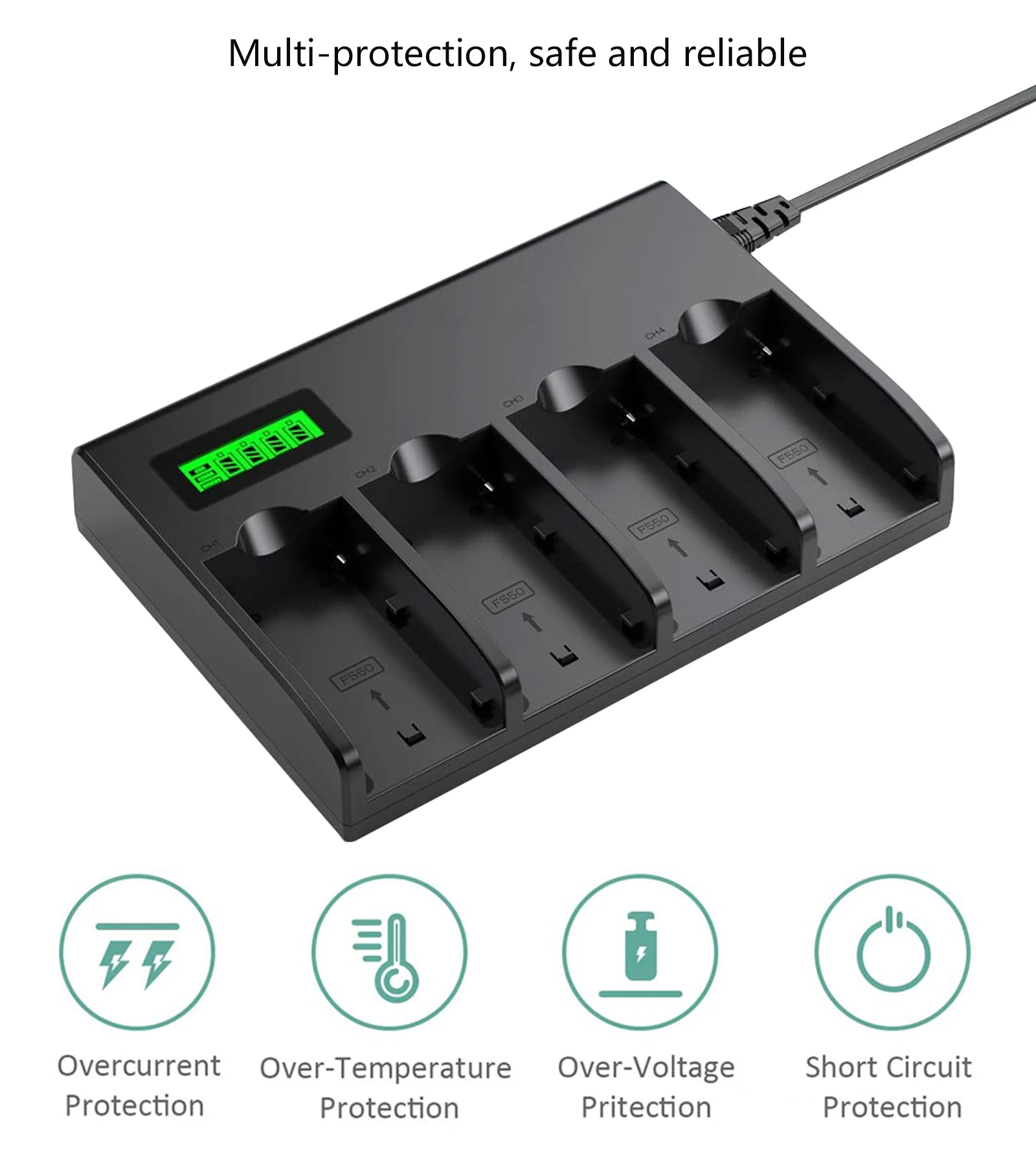 4-Channel Battery Charger with LCD Display for Sony NP-F970, NP-F960, NP-F770, NP-F750, NP-F570, NP-F550 Camera Battery