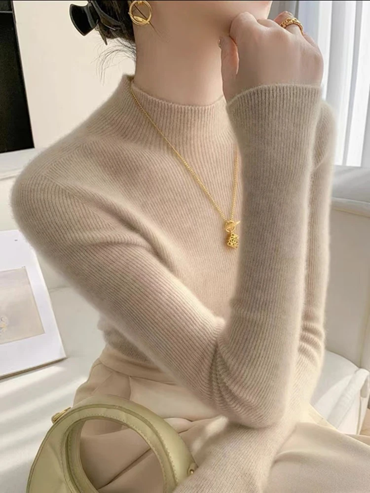 Autumn Winter Mock‑Neck Soft Cashmere‑Blend Knit Women Pullover Slim Chic Gentle Layering Slimming Long‑Sleeve Sweater Base Tops