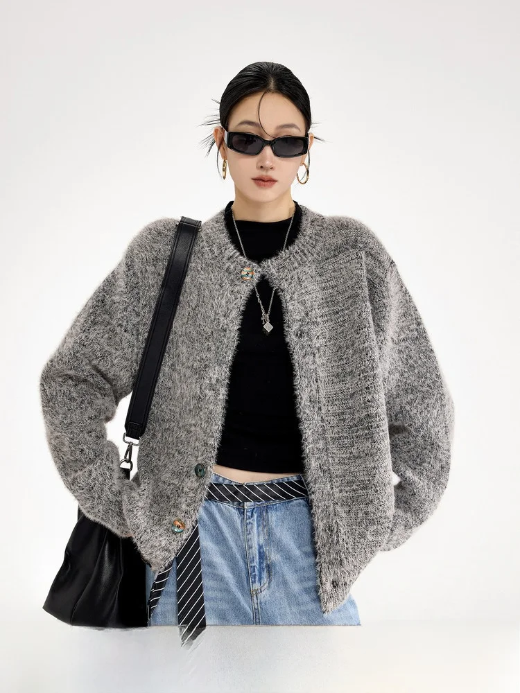 

American Retro Mink Knitted Cardigan Women's ort ey Sweater Jaet Spring Lazy Sle Casual Loose Fit Long Sve round Ne