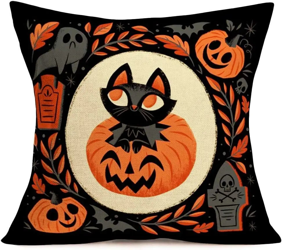 Halloween Party Throw Pillow Cover Cute Cat Pumpkin Maple Leaf Pillowcase Linen Square Cushion Cover Home Decoration