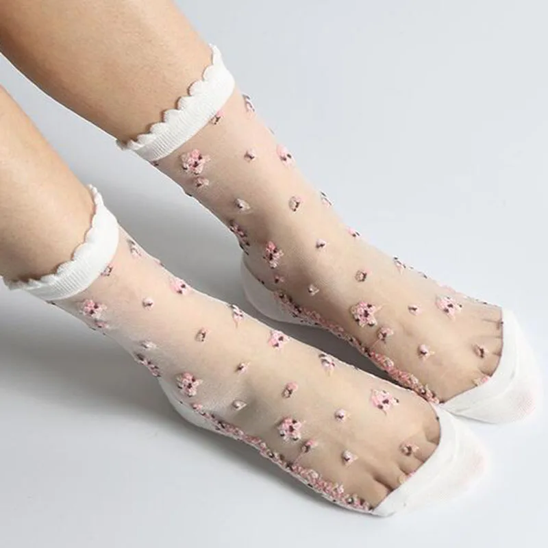 1 Pair Summer Cute Lace Short Socks Women Sexy Glass Silk Floral Breathable Ultra Thin Hosiery Girl Transparent Elastic Socks