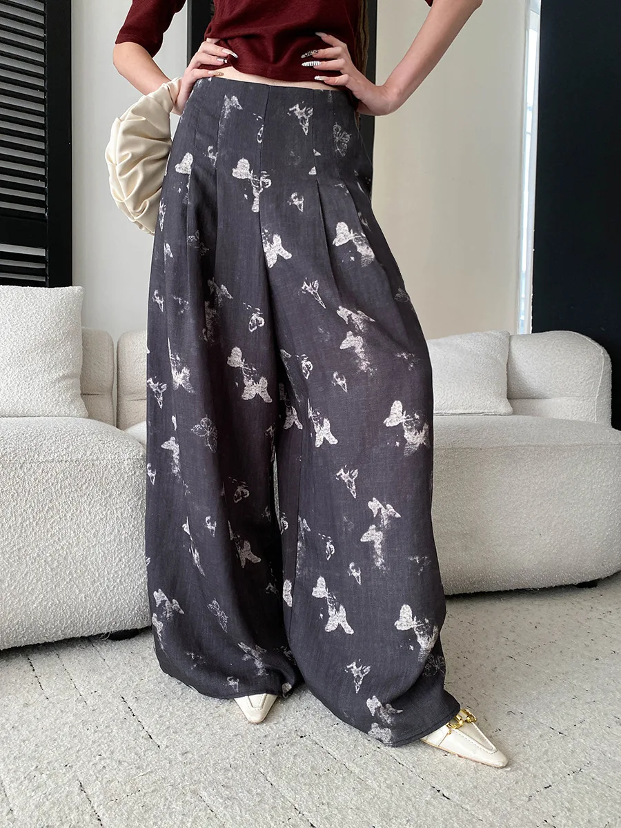 Autumn new ethnic style cashew flower printed high waisted wide leg casual pants