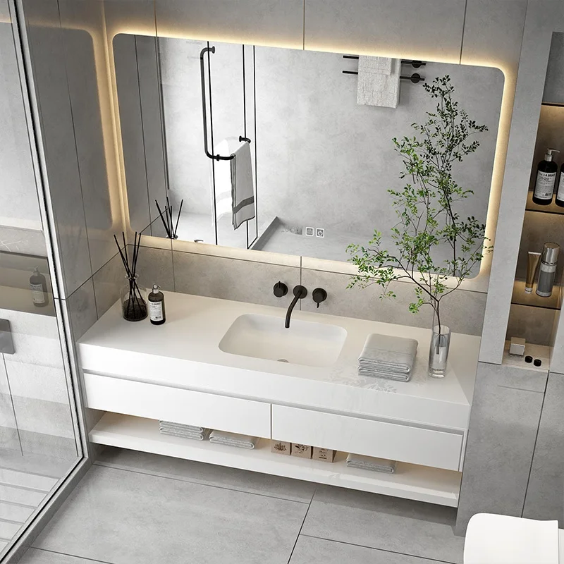 *&q  Modern Wooden Basin Bathroom Vanity LED Mirror Bathroom Cabinet Stone-Paneled Door Toilet Wash Sink Plywood