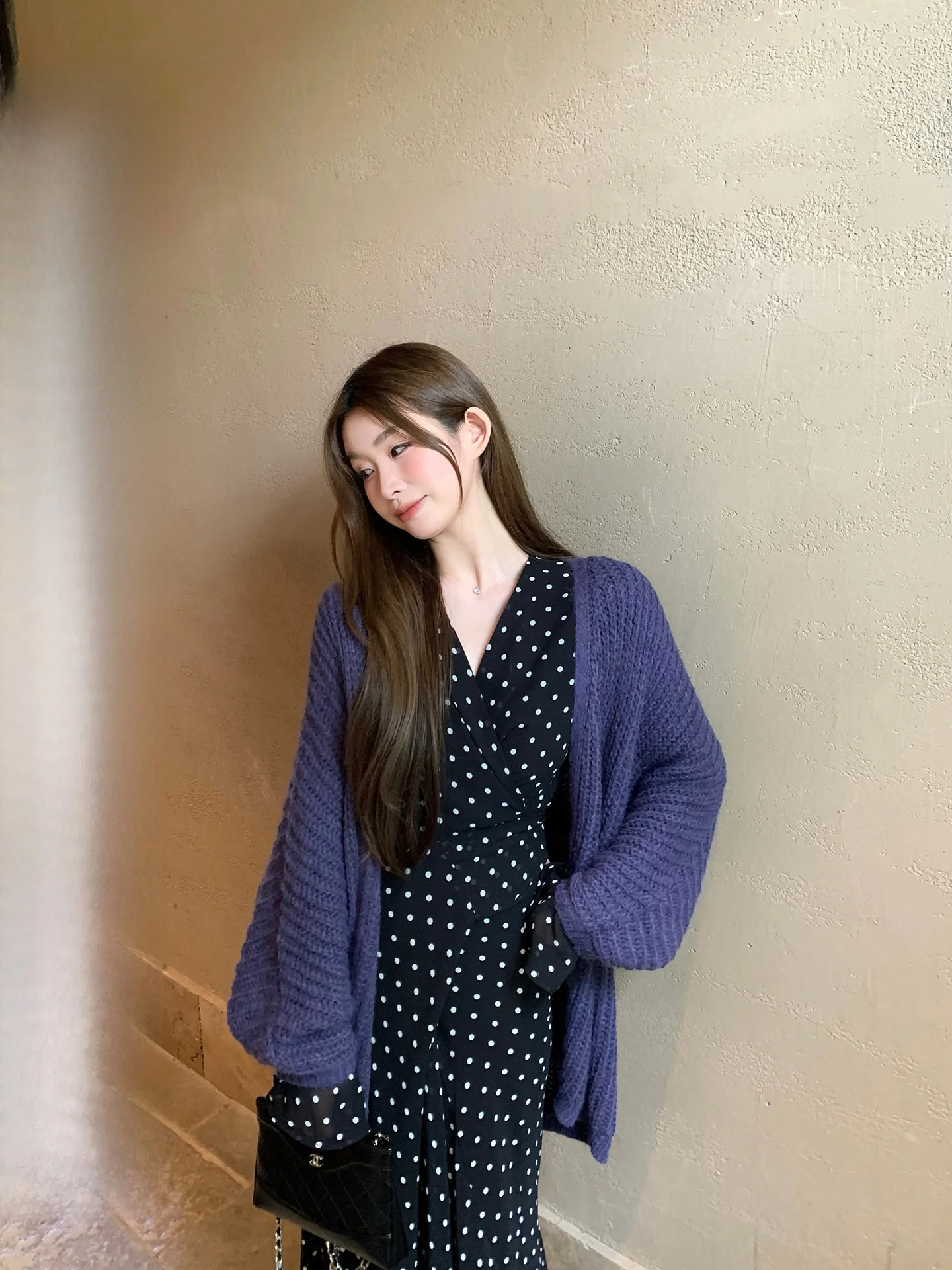 

Ele Lazy Knitted Cardigan hair Coat Soft Wind Outerwear Loose Fit V-Ne Long Sve Pure Color Autumn Memory