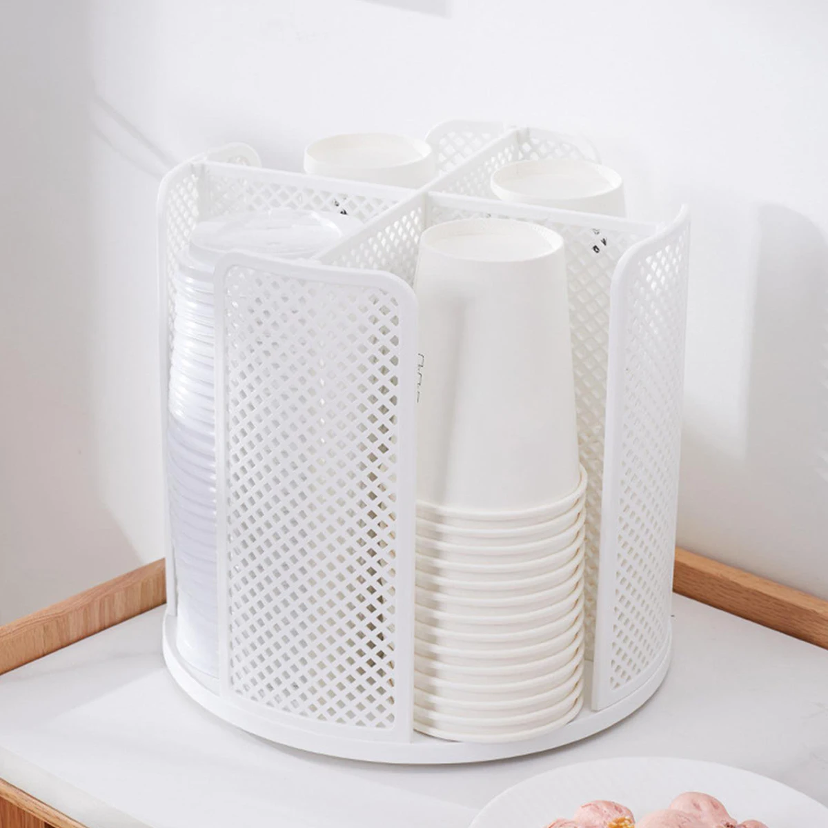 Rotatable Plastic Cup Storage Organizer 360°Dispenser 4 Compartment Cups and Lids Holder Detachable Desktop Coffee Cup Dispenser