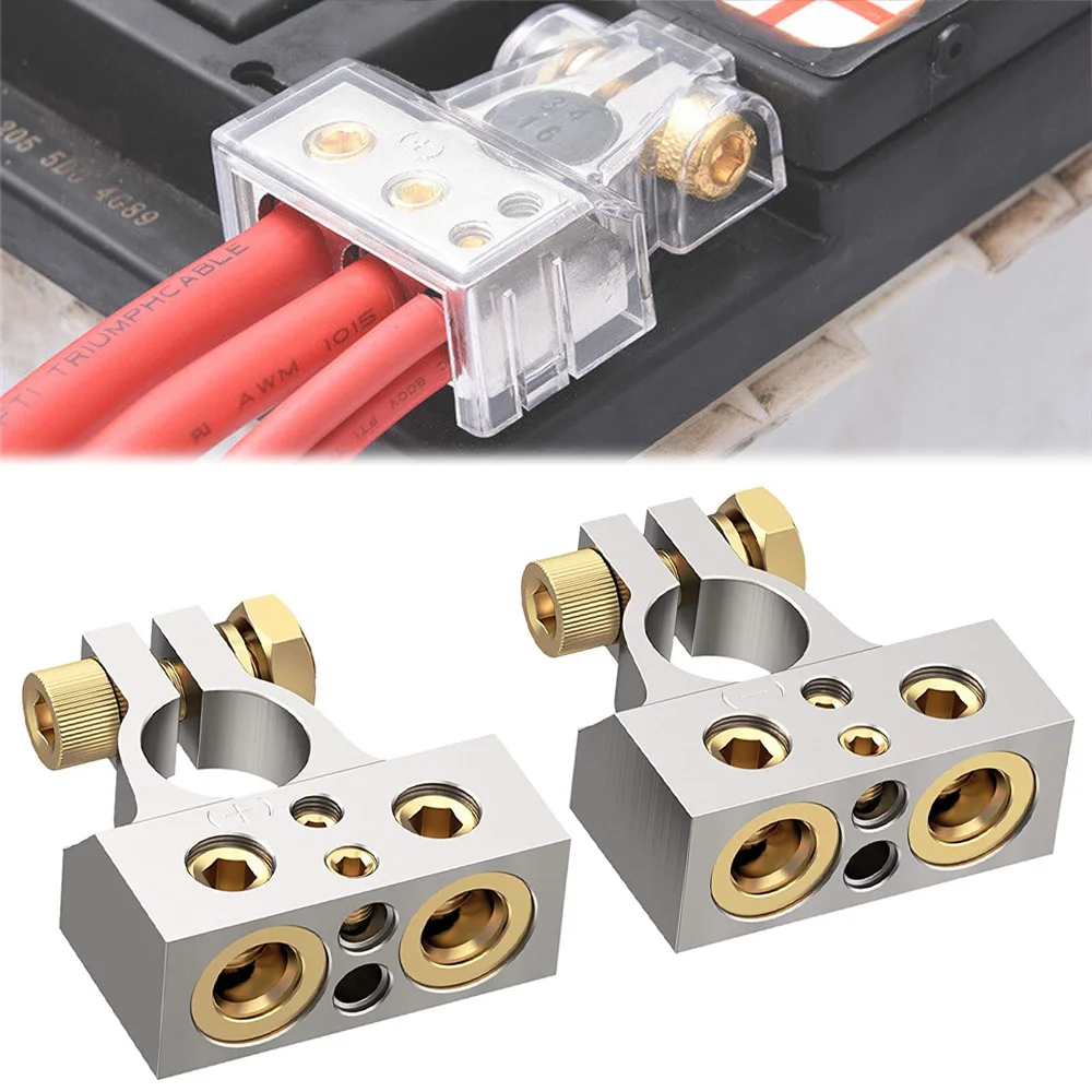 2Pcs Car Battery Terminal Connectors 2/4/8/10 Gauge Positive Negative Auto Car Marine Battery Terminal Clamp Connectors Shims