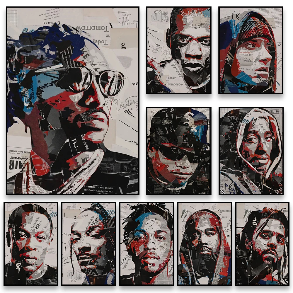 Famous Rapper Art Poster 90s Oldschool Trap HipHop Music Rapper Legends Portrait Vintage Collage Poster Wall Art Print Printable