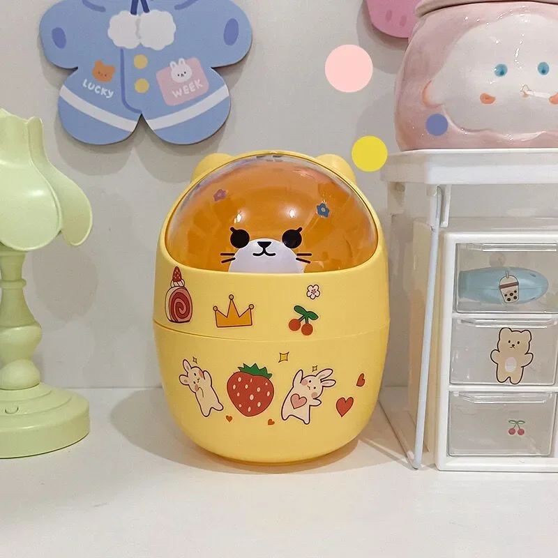 Ins Style Creative Cute Home Desktop with Lid Trash Can Small Mini Kawaii Bedroom Desk Storage Box Pen Holder