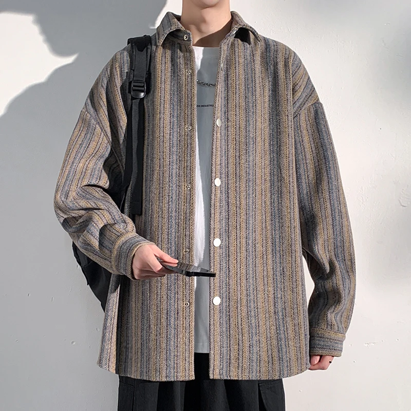 Men's Summer Loose Long Sleeve Turn Down Collar Button Stripe Color Blocking Casual Campus Shirt Hip Hop Street Clothing Casual