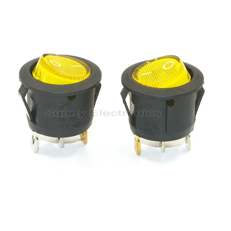 

100pcs Yellow Neon 3 pin 4.8mm terminals 220V Universal LED illuminated Car button lights ON/OFF Round Rocker Switch