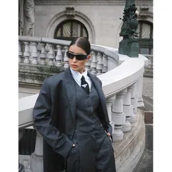 2024 Luxury Gray Suits for Women Single Breasted 3 Piece Jacket Vest Pants Female Clothing Loose Formal Office Lady Blazers Sets