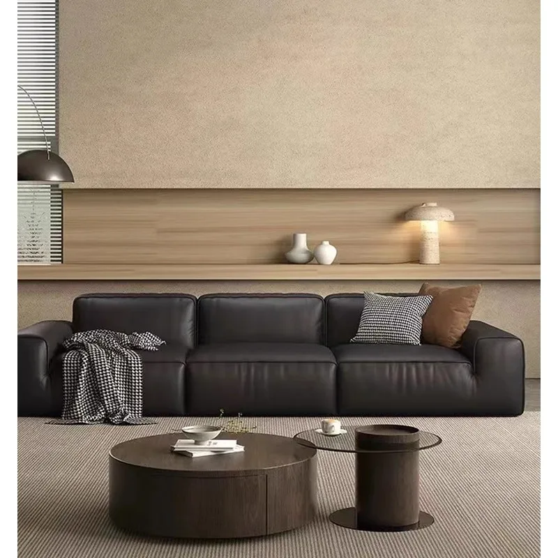 Włoski minimalistyczny skórzany design z blokami tofu, wyposażony w prostych rzędach, duży i mały salon, letnia czarna sofa