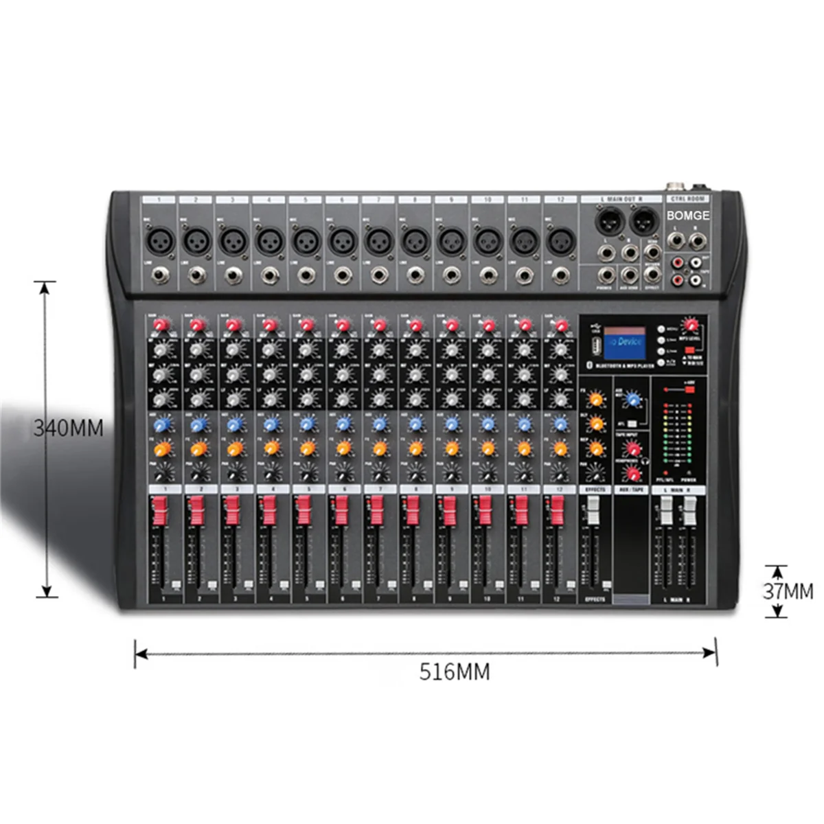 BOMGE 12 Channel Audio Mixer Sound Mixing Console with Bluetooth USB PC Recording Input XLR Microphone Jack 48V Power RCA Input