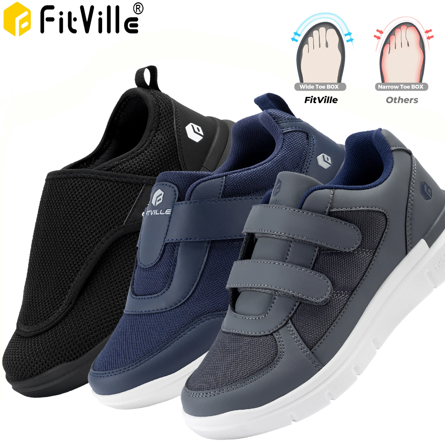 FitVille Men's Diabetic Shoes for Elder Orthopedics Feet Swollen Extra Wide Adjustable Walking Shoe Elderly Foot Pain Relief
