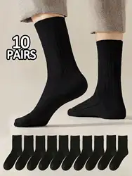 10Pairs Men's Black Classic Sweat-Wicking Moisture-Absorbing Business And Sports Color-Matching Dress Crew Socks 