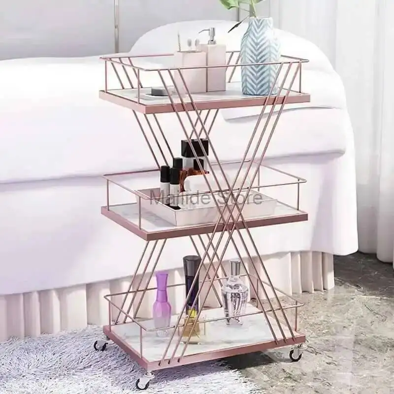 

Salon Light Trolleys Iron Luxury Golden Art Rack Modern Salon Furniture Beauty Salon Trolley with Wheels Home Multi-layer Rack