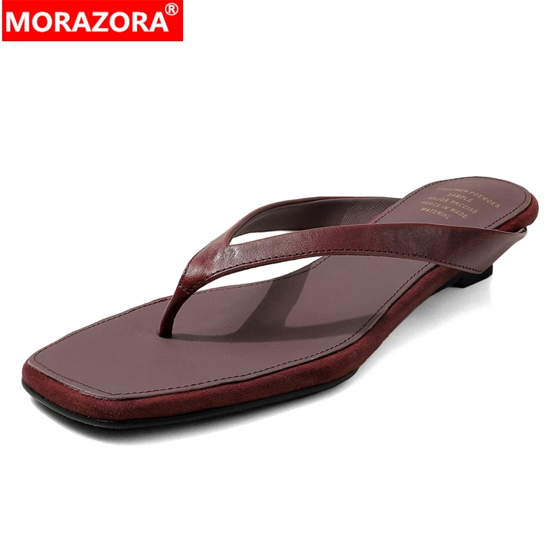 

MORAZORA Size 34-41 Genuine Leather Slippers Women Shoes Mid Heels Summer Flip Flops Casual Shoes