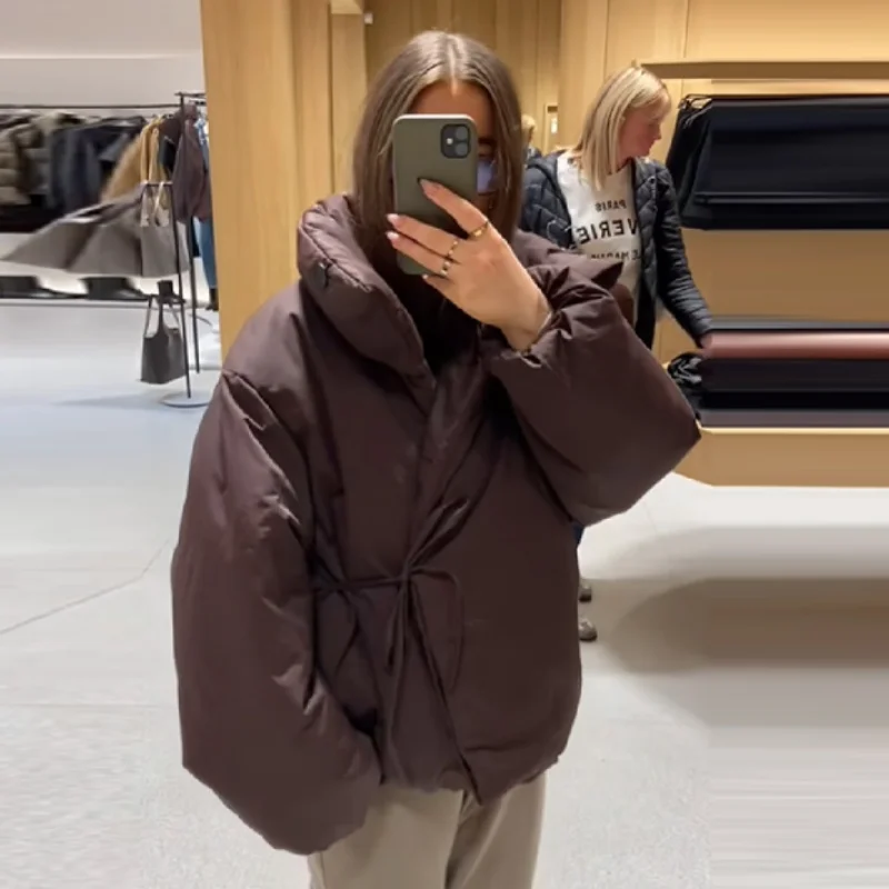 

Versatile Loose Cozy Cotton Jacket High-collar Strap Short Jackets Fashionable Minimalist Designer Autumn Women's Street Wear