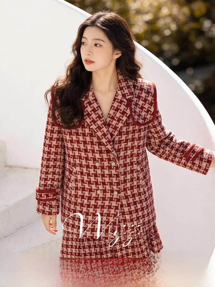 

plus Size Women's Faion Set Spring New College Sle Age Reduction Midi Coat Pleated Skirt High Waist Polyester Fiber Winter