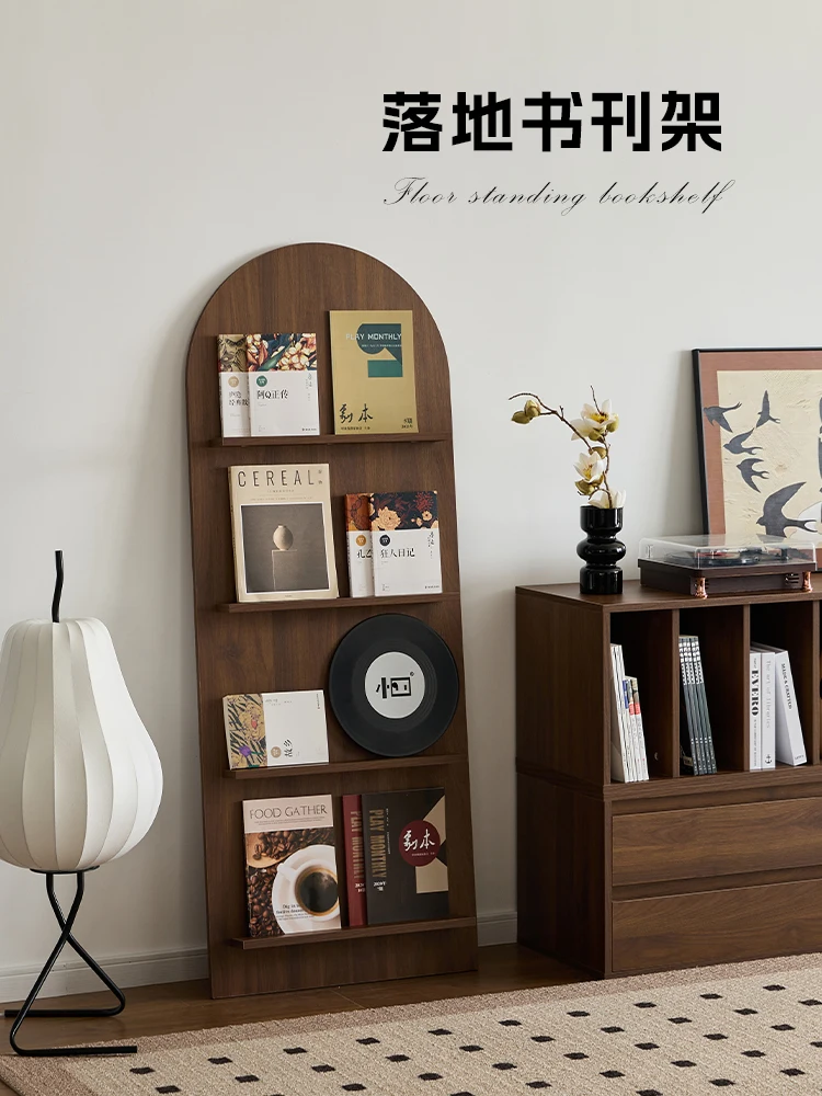 

Solid wood bookshelf Magazine rack Medieval black walnut display cabinet Wall storage rack Floor arched shelf