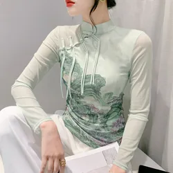 #8041 Vintage Mesh T Shirt Women Stand Collar Chinese Style Buttons Skinny T-shirt Long Sleeve 3d Printed Short Tee Shirt Femme