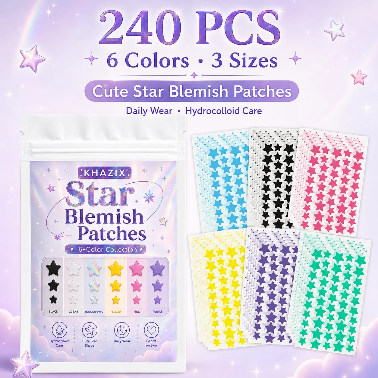 Facial Star Pimple Patches in Multiple Sizes, Colorful, Invisible, Breathable, Concealing Blemishes.