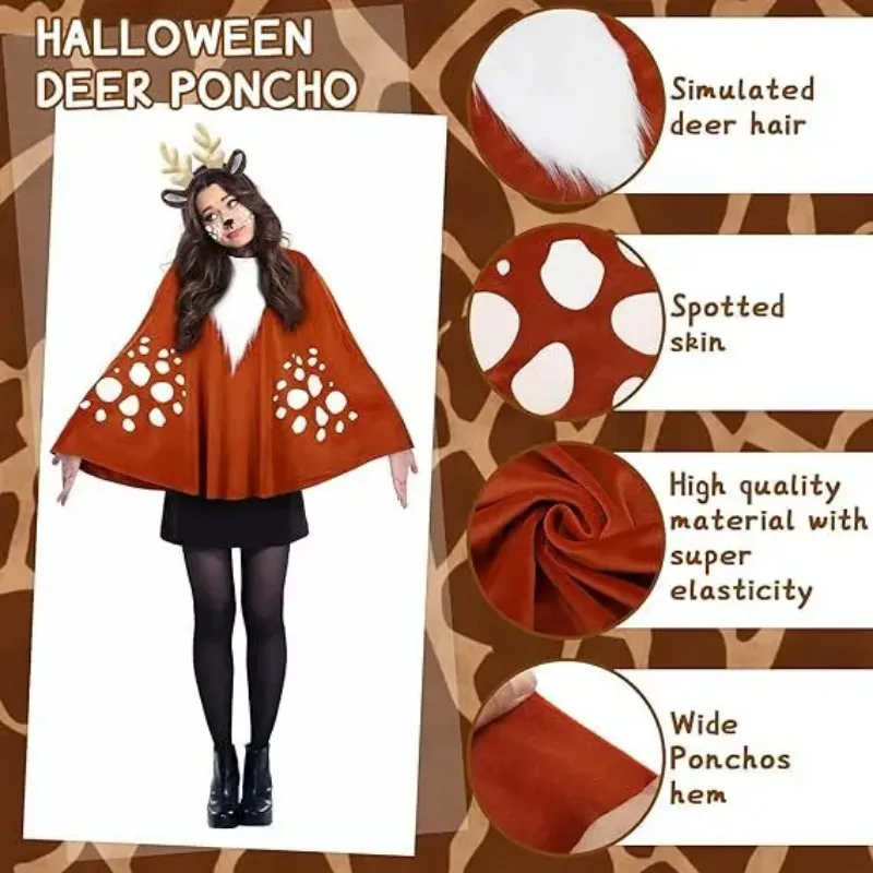 Christmas Deer Cosplay Costume Adult Women Reindeer Claok Headwear Suit Xmas Party Carnival Performance Uniform