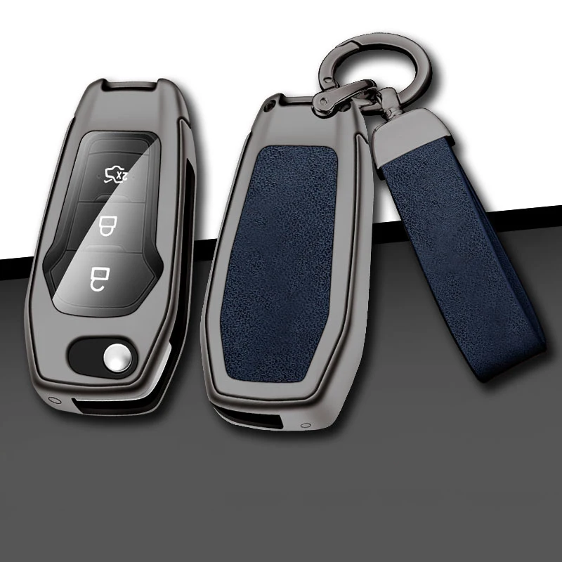 Leather Car Metal Key Case Cover For Ford Focus Fusion Mk2 Mk7 Explorer Ranger Uncut Blank HU101 Blade Key Chain  Accessories