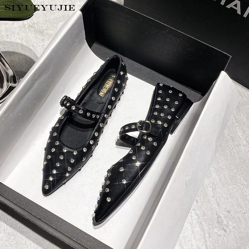 Retro Mary Jane crystal Single Shoes European and American Women's Shallow Mouth Flat Bottom Rivet Buckle Shoes Banquet Shoes