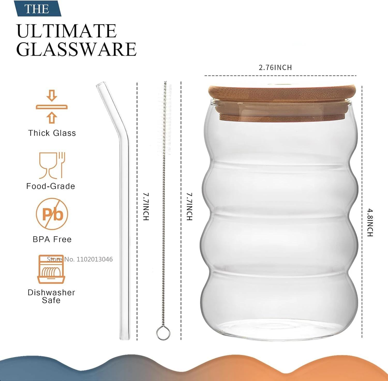 Creative Glass Cups With Lids And Straws-16oz Wave Shape Drinking Glasses , Beer Glasses, for Cocktail, Juice, Iced Coffee