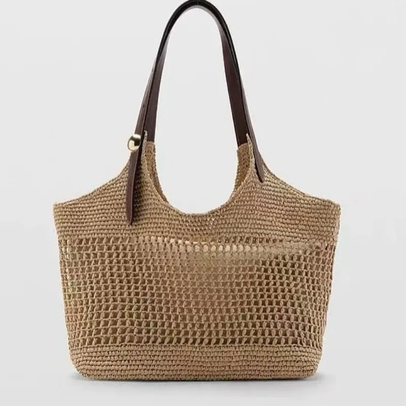 Handwoven Large Capacity Hollow out Straw Tote Bag Casual Beach Vacation Women's Handbag Travel Leisure Soft Square