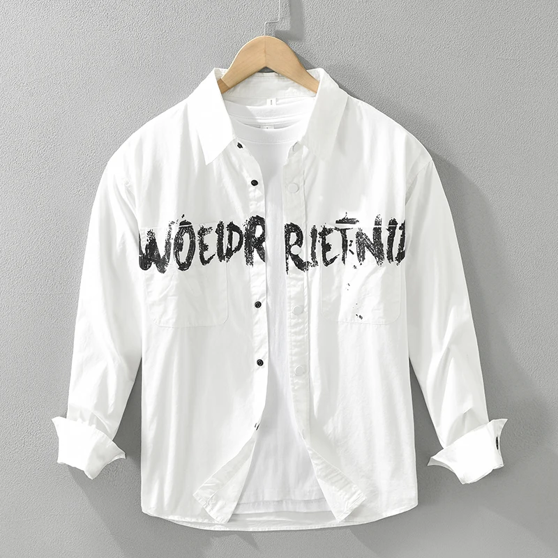 

Модные рубашки из 100% хлопка с буквенным принтом, черно-белые рубашки для мужчин, повседневная свободная мужская рубашка с длинным рукавом
