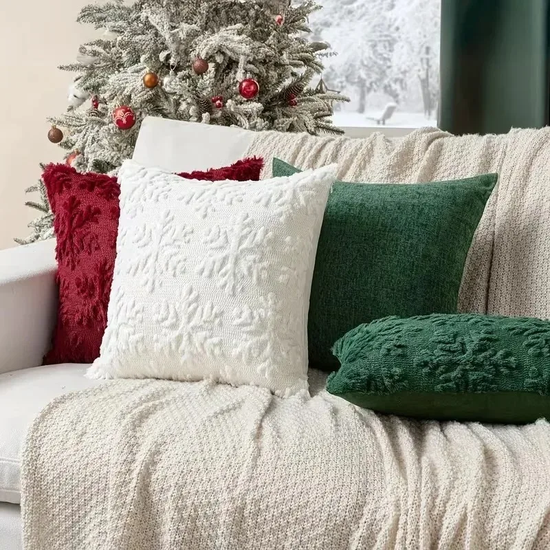 17,72 x 17,72 Zoll Weihnachts-Kissenbezug, 3D-gestickter Plüschkissenbezug, Reißverschluss, Schneeflocke, Schneemann, Baummuster für Sofa, Bett, Dekoration