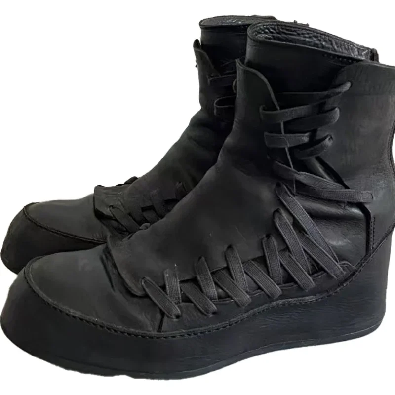 Women's Side Cross Tied Black Chelsae Boots Round Toe Thick Soled Solid Zipper Winter Runway Concise Shoes Western Cowboy Boots