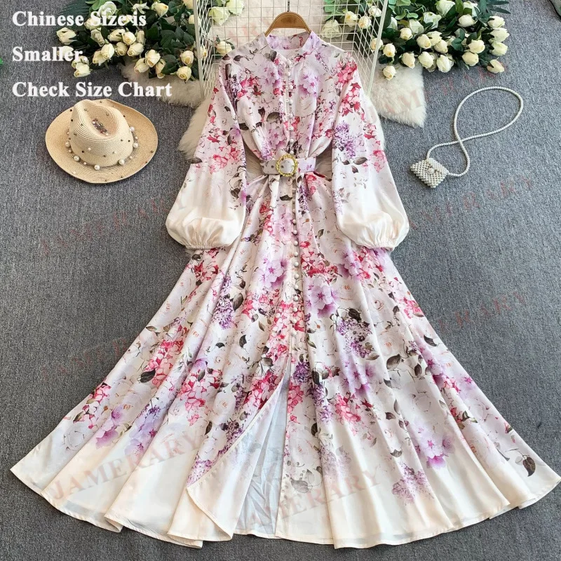 Camicia maxi abito floreale da passerella da donna monopetto con stampa palazzo design manica intera abiti lunghi a fiori per le vacanze di marca nazionale