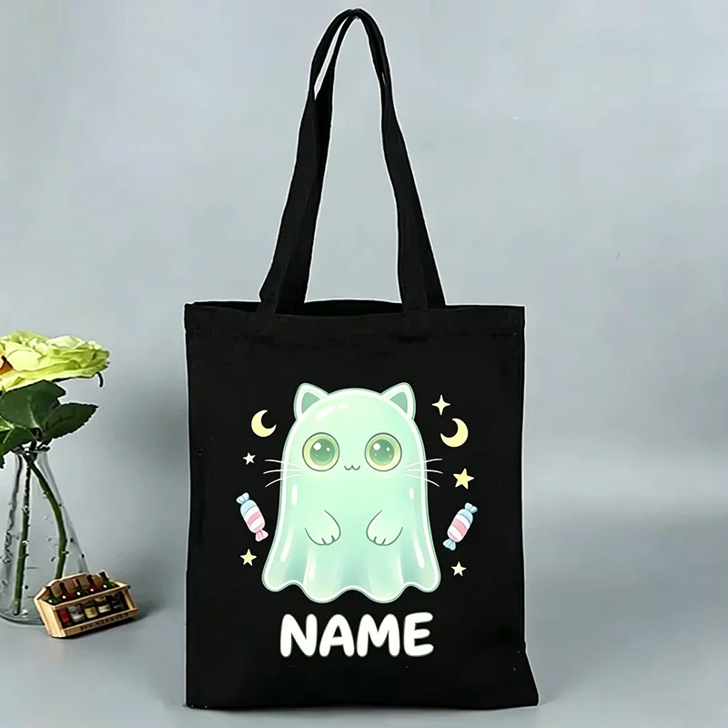 Customized Name Canvas Bag Cute Blue Cat Canvas Tote Bag Casual Shoulder Bag Student Book Bag Daily Shopping Reusable Handbag