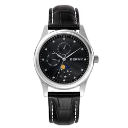 BERNY Men Watch Date Weeks Moon Phase Quartz Watches for Men Stainless Steel Leather Strap Business Wristwatch Male Clock