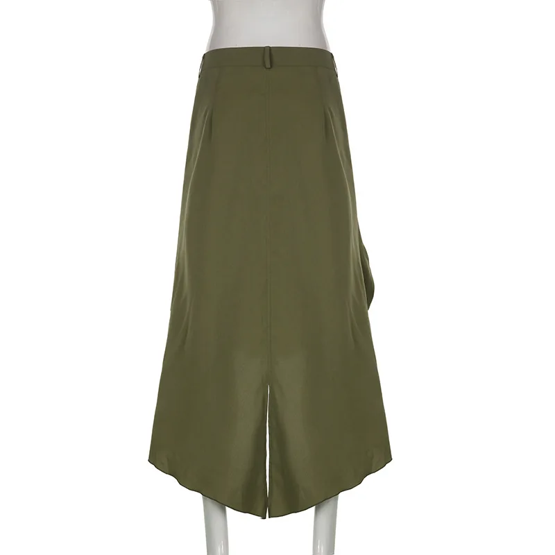 Y2k High Waist Straight Long Hips Skirt Women Outfits 2023 Summer Drawstring Pleated Casual Harajuku Army Green Skirt Streetwear