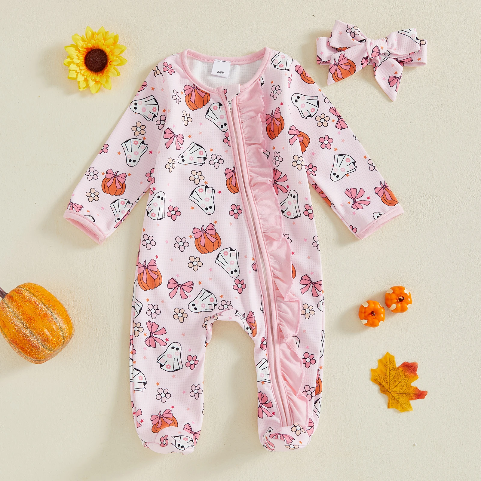 

Newborn Baby Romper Halloween Infant Girl Long Sleeve Ruffle Zipped Footed Jumpsuit with Headband 2Pcs Coming Home Outfit