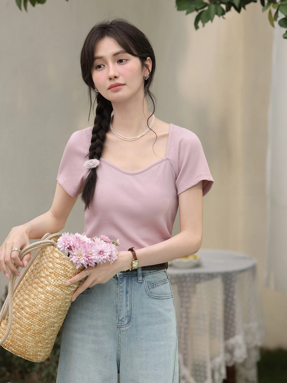 Ele Pink ort Sve T-irt レディース 夏 Faion 韓国 Sle 通勤 ピュアカラー スクエアカラー スリムフィット トップ