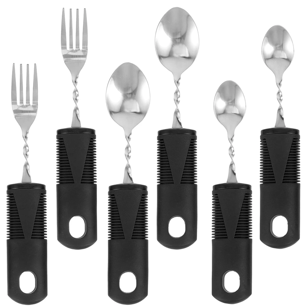 

2 Sets Anti Shake Dinnerware 6 Pieces Black Large Handle Stainless Steel Bendable Utensils for Elderly Adaptive Reusable