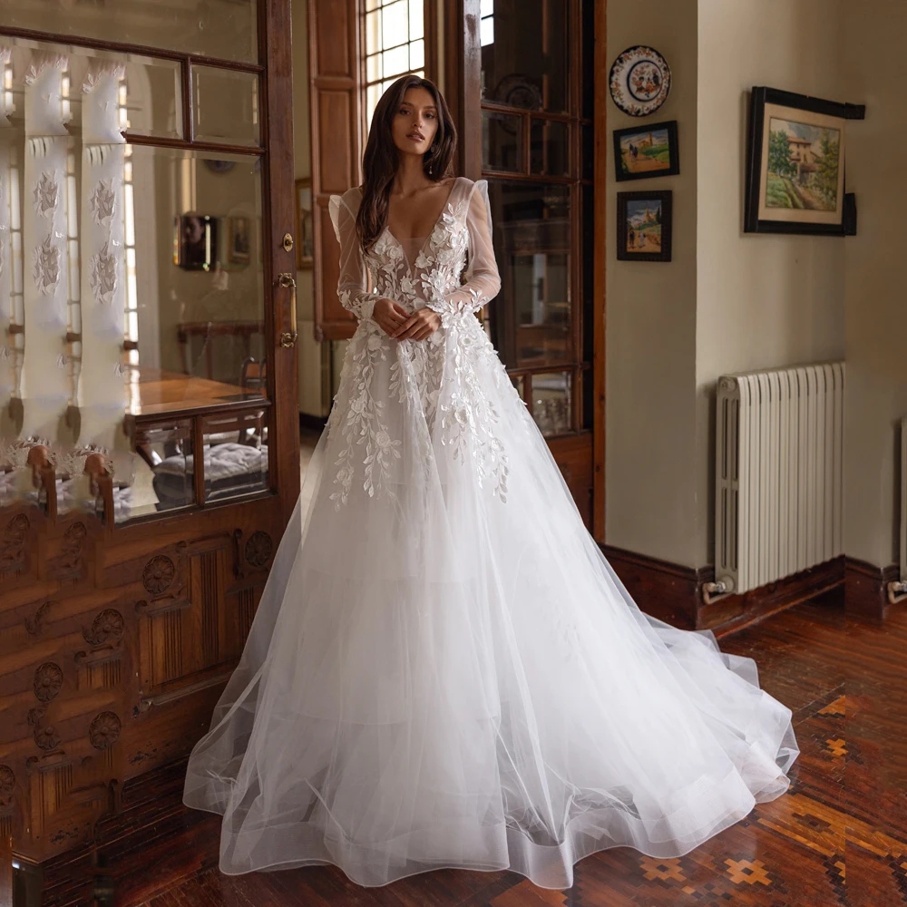 Gaun Pengantin Bunga Elegan Model A-Line Lengan Panjang Berbahan Lace dengan Sweep Train V-Neck untuk Wanita, Gaun Pengantin 2025 Vestidos De Noche Dapat Dipesan Sesuai Keinginan