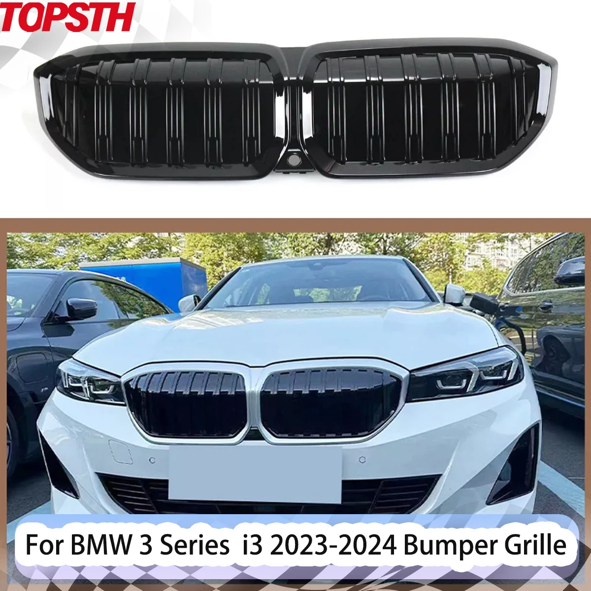 ABS 소재 글로스 블랙 프론트 메쉬 범퍼 그릴, BMW I3 2023 2024 교체용 더블 라인 그릴, 자동차 액세서리