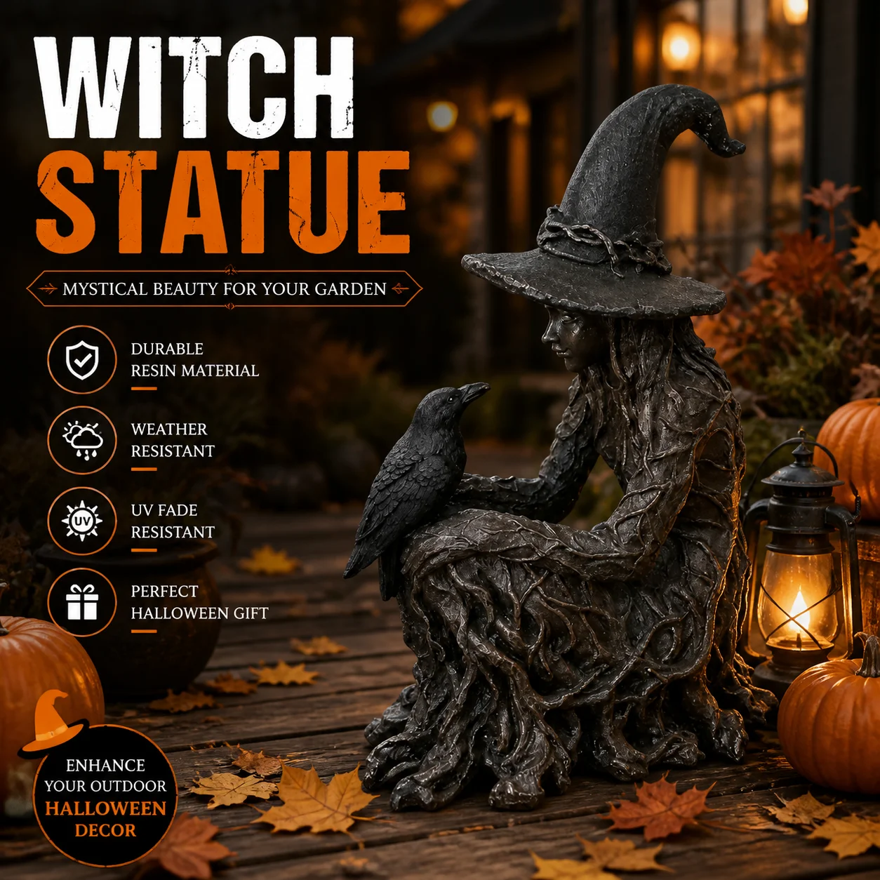 Gothic‑styled Halloween Witch Crow Resin Statue UV Fade Resistant Mystical Sculpture for Patio Lawn Home Party Decor Gift