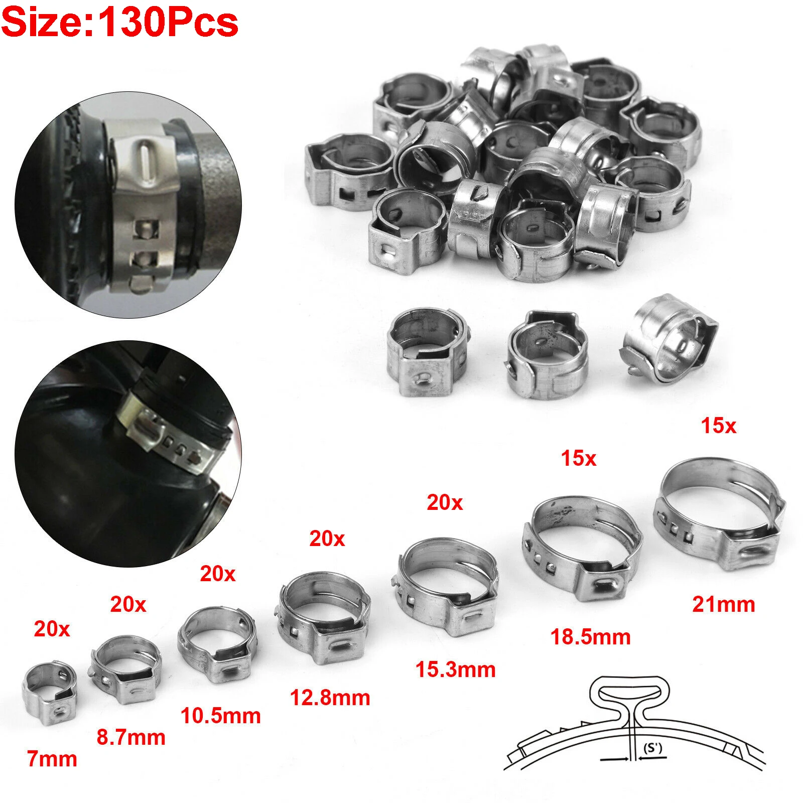 130 stks Enkel Oor Slangklemmen Slangklem Klem Tang 7-21mm Tool kit 304 Rvs Slangklemmen Clips