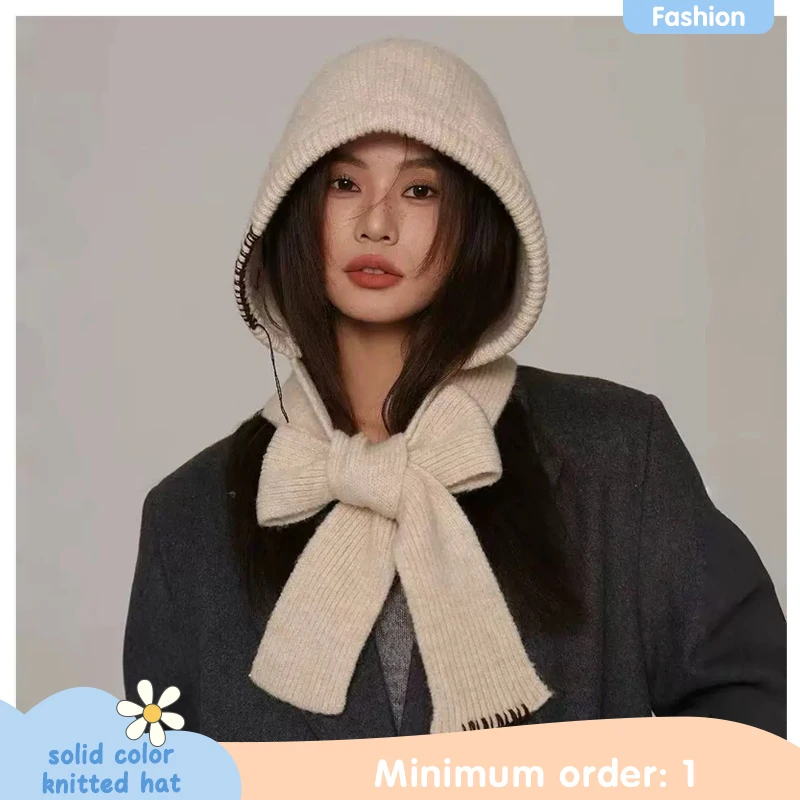

Autumn Winter Solid Color Hat Scarf Integrated Women Outdoor Cycling Skiing Warm Ear Protection Cold Proof Knitted Hat Balaclava
