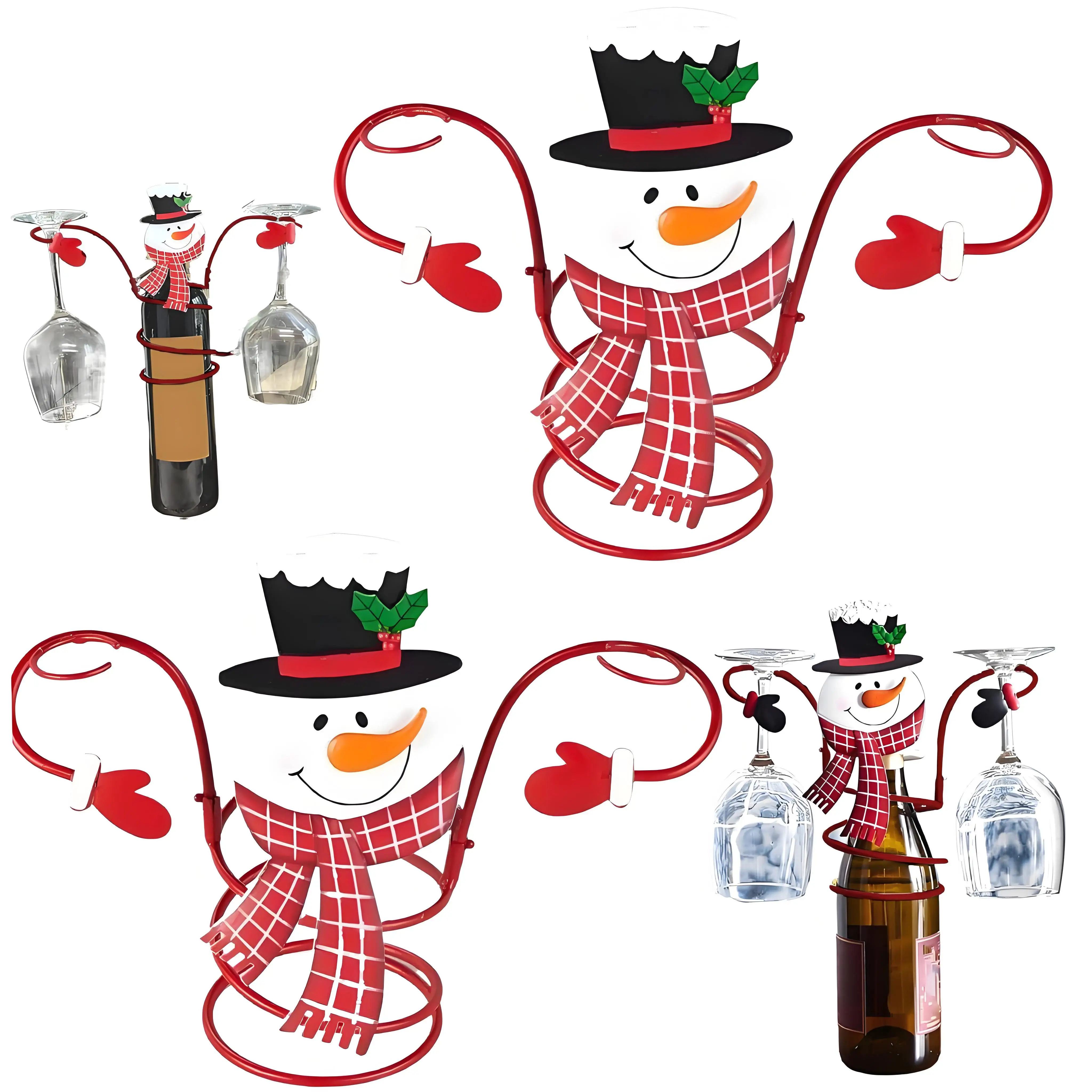 Festive Snowman Wine Bottle Holder, Metal Rack Holds 1 Bottle & 2 Glasses - Christmas Party & Home Bar Decor